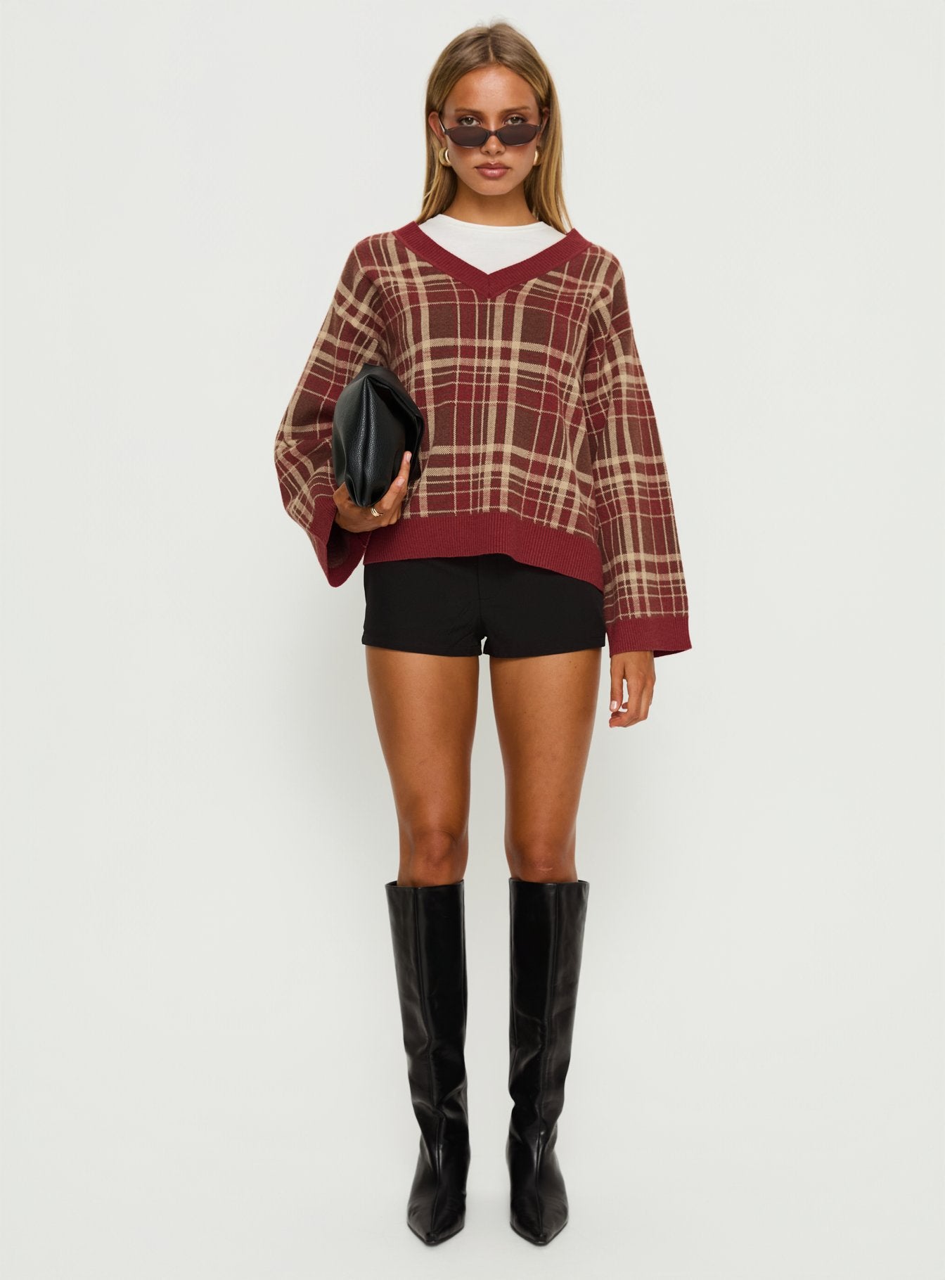 Sydda V Neck Knit Sweater Red Plaid - Image 7