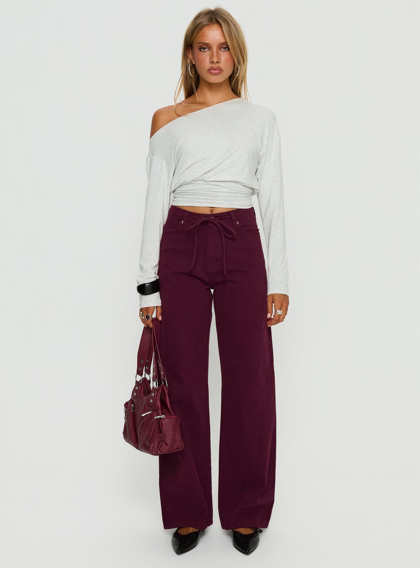 Bruiser Tie Waist Mid Rise Wide Leg Jeans Currant - Image 6