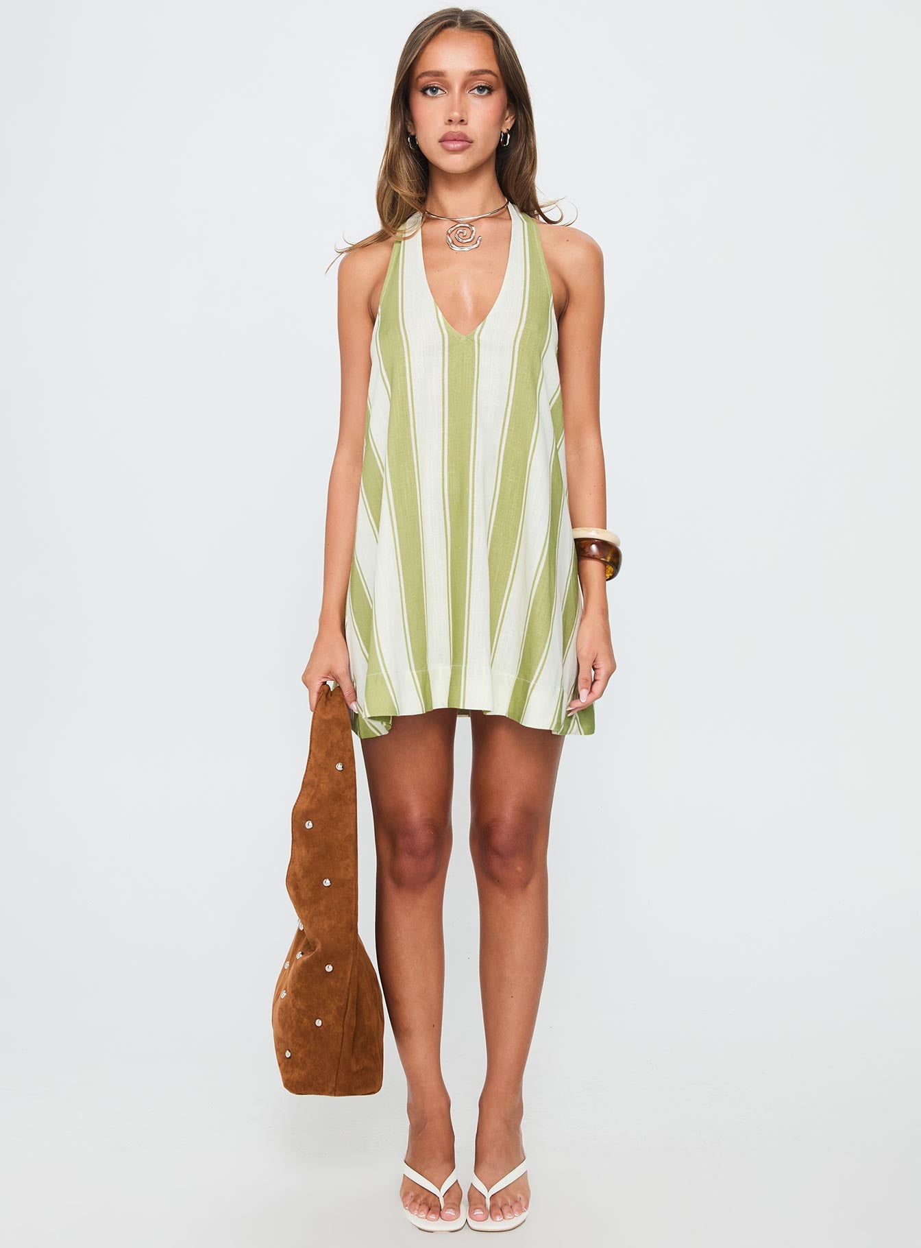 Khaia Halter Mini Dress Green Cream Stripe - Image 6