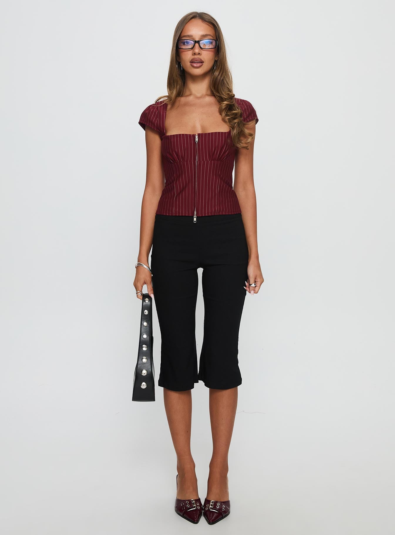 Santa Cruz Zip Through Top Burgundy Pinstripe - Image 7