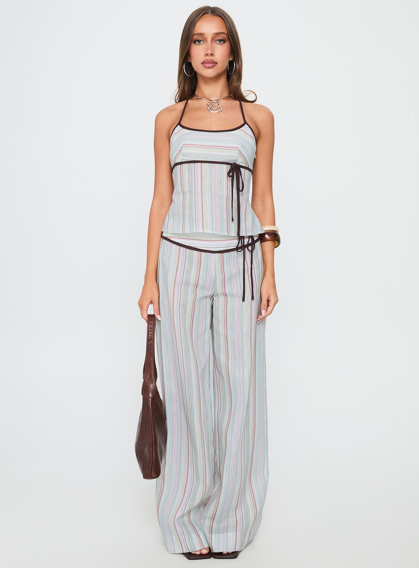 Taylar Thick Waistband Tie Pants Green Stripe - Image 7