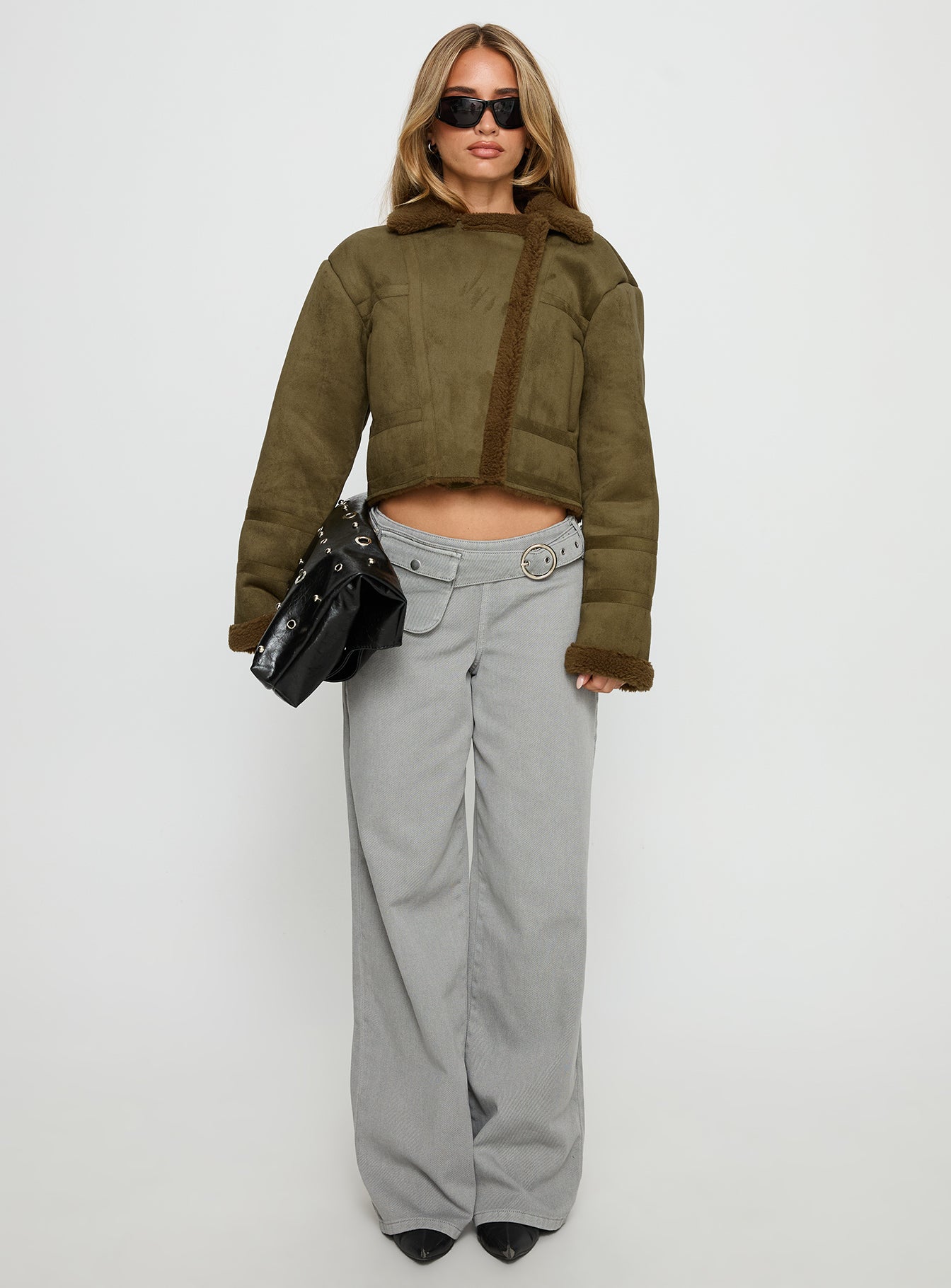 Swooning Cropped Faux Suede Jacket Green - Image 6