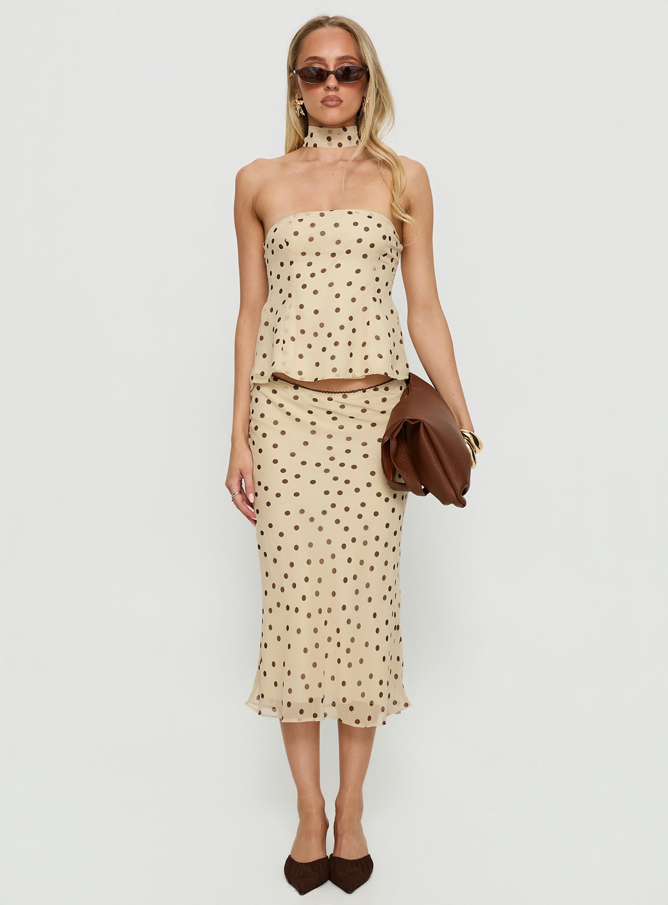 Sydni Scarf Detail Strapless Top Yellow Chocolate Polka - Image 7
