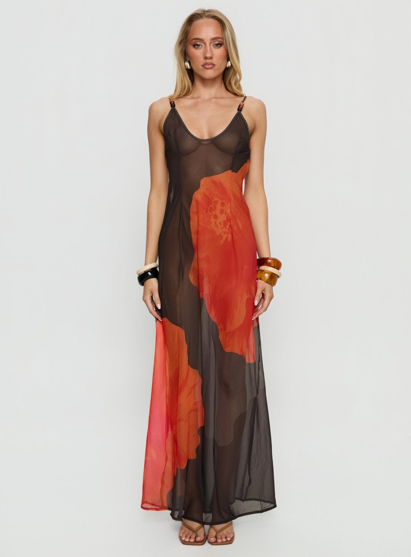 Carita Sheer Chiffon Maxi Dress Brown Orange Floral - Image 7