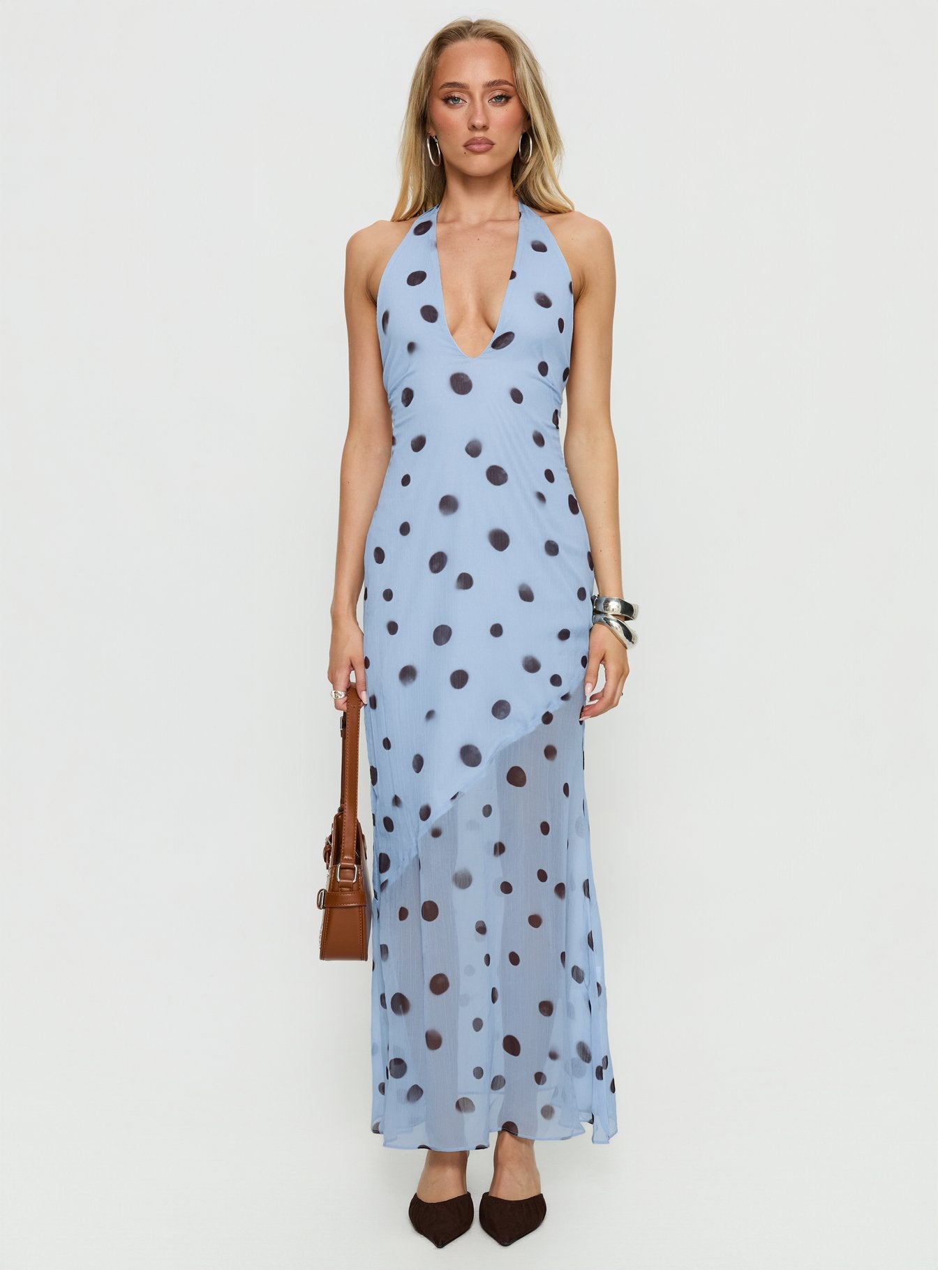 Oralee Halter Sheer Maxi Dress Blue Polka Dot - Image 7