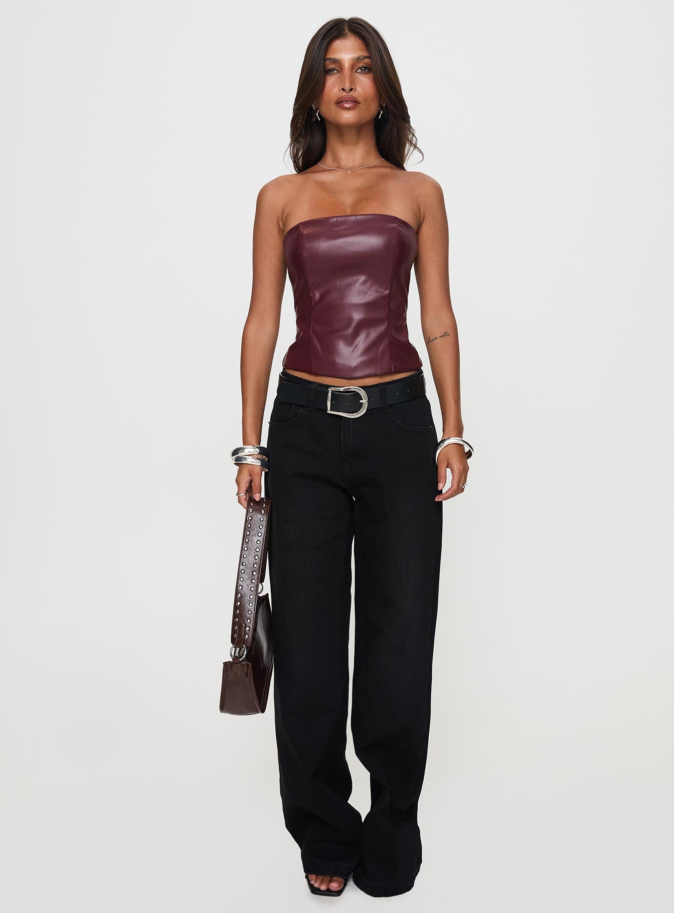 Oaklee Strapless Faux Leather Top Burgundy - Image 6