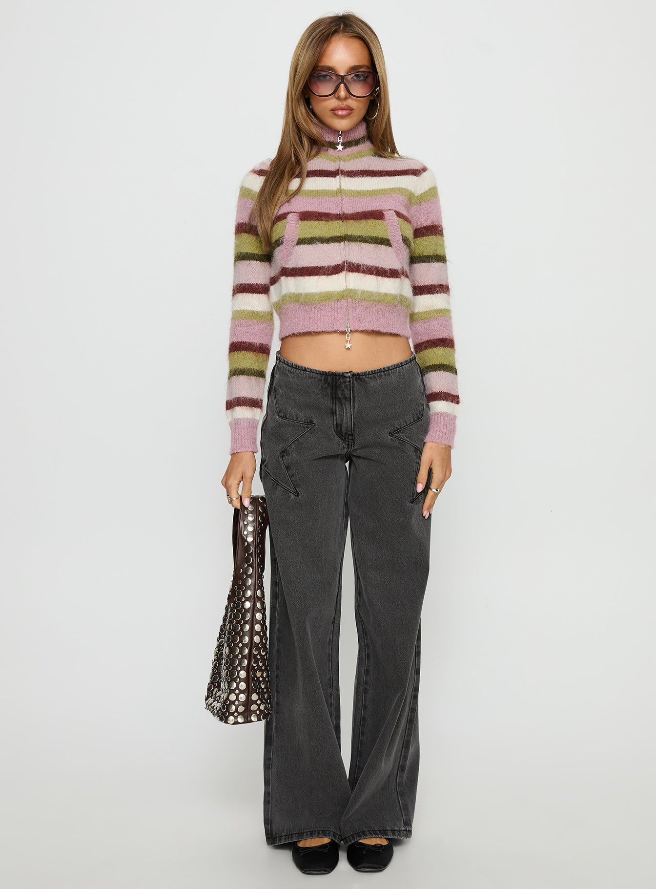 Keeva Zip Through Knit Jumper Pink Green Stripe - Image 7