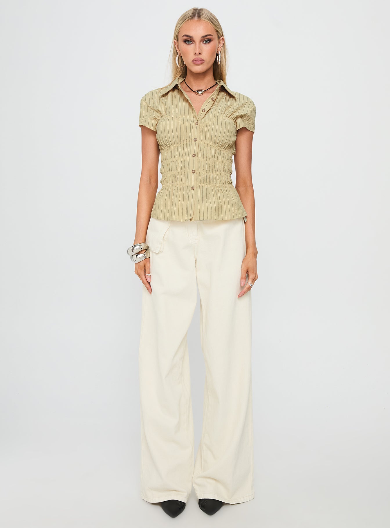 Liesel Shirred Short Sleeve Top Butter Stripe - Image 7
