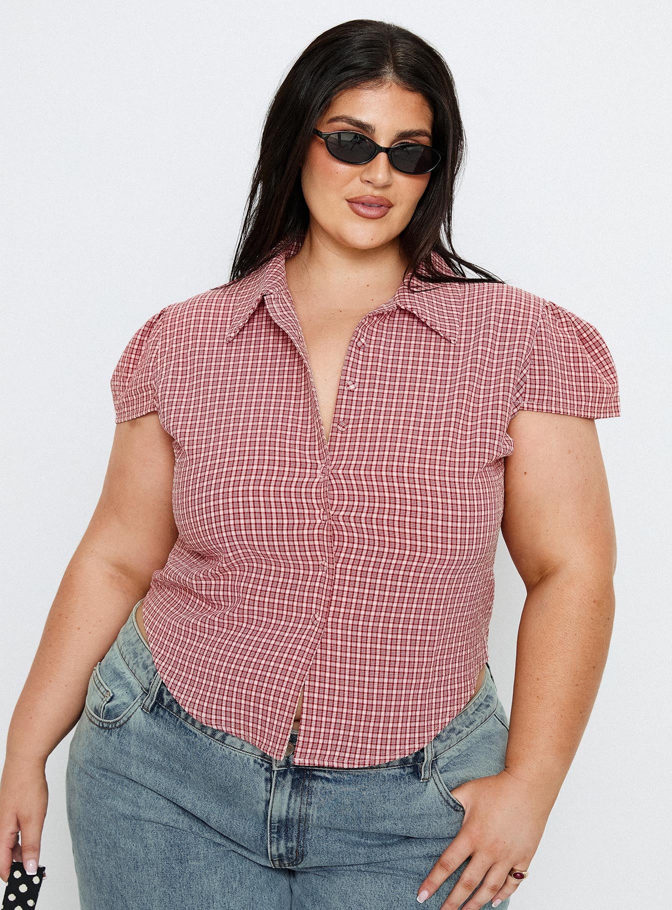 Float Away Button Up Top Red Check Curve - Image 8