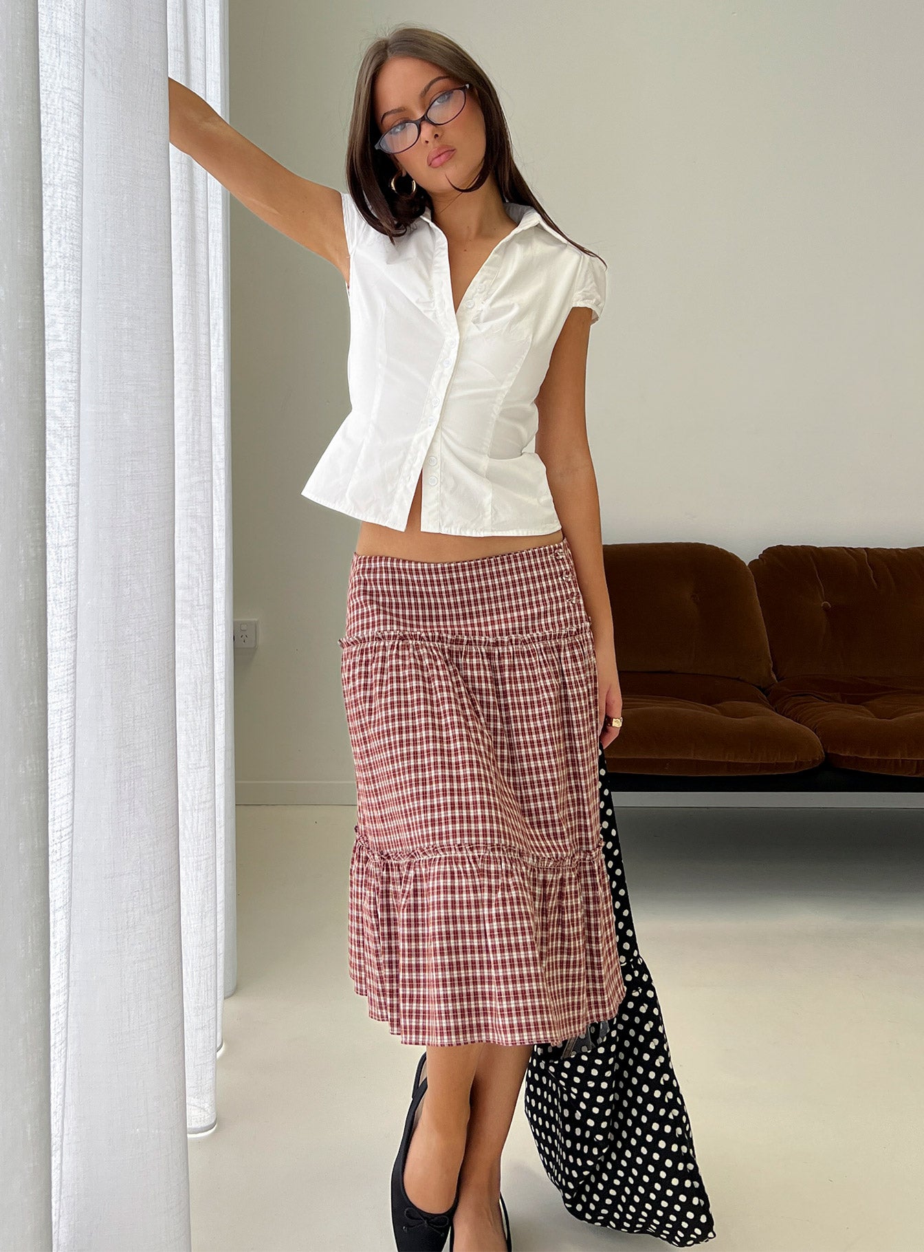 Cascades Low Rise Midi Skirt Red Check - Image 8