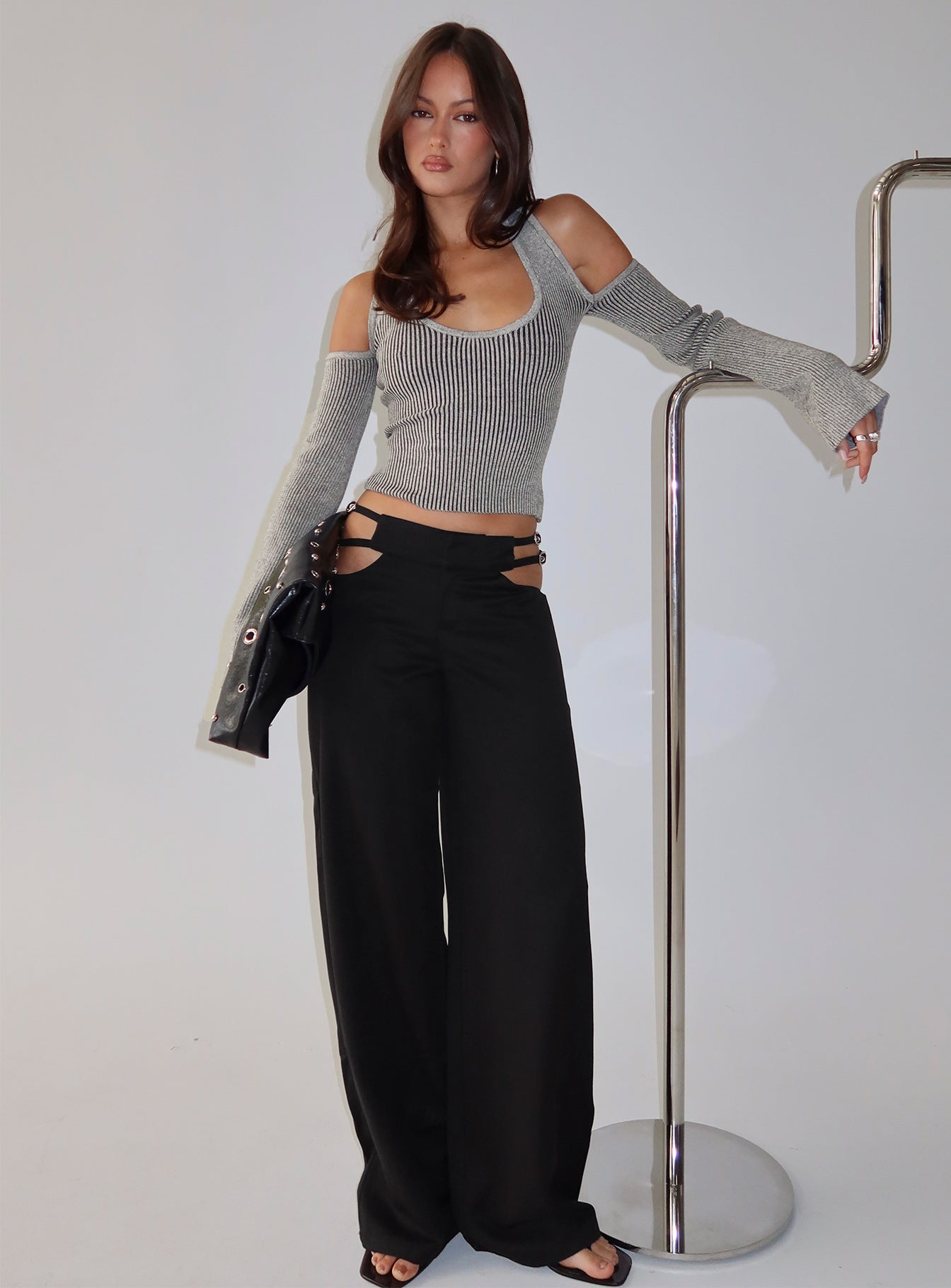 Novelia Halter Long Sleeve Top Black Grey - Image 8