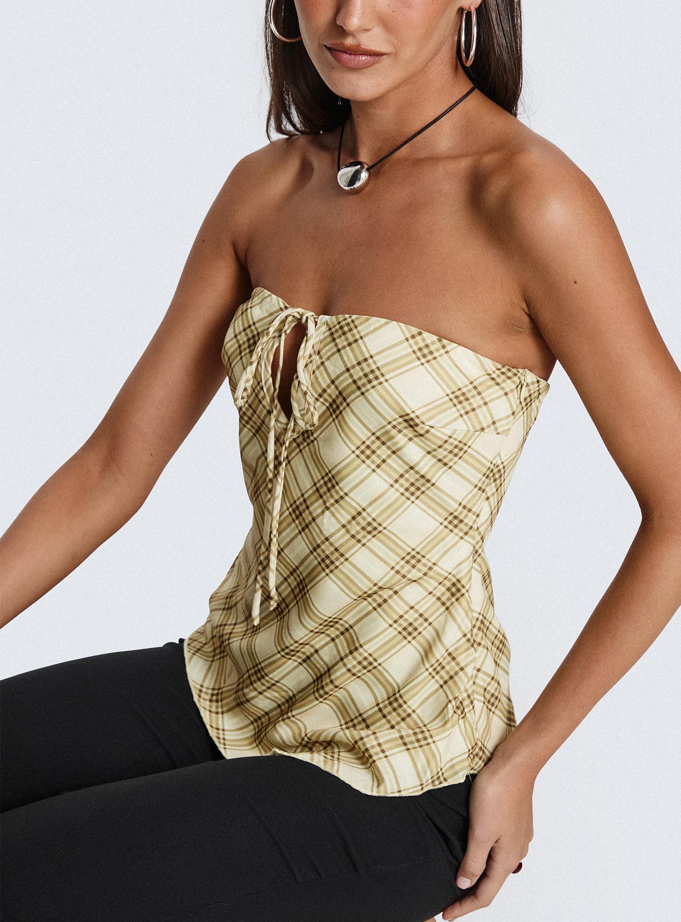 I Wonder Strapless Cut Out Top Yellow Check - Image 8