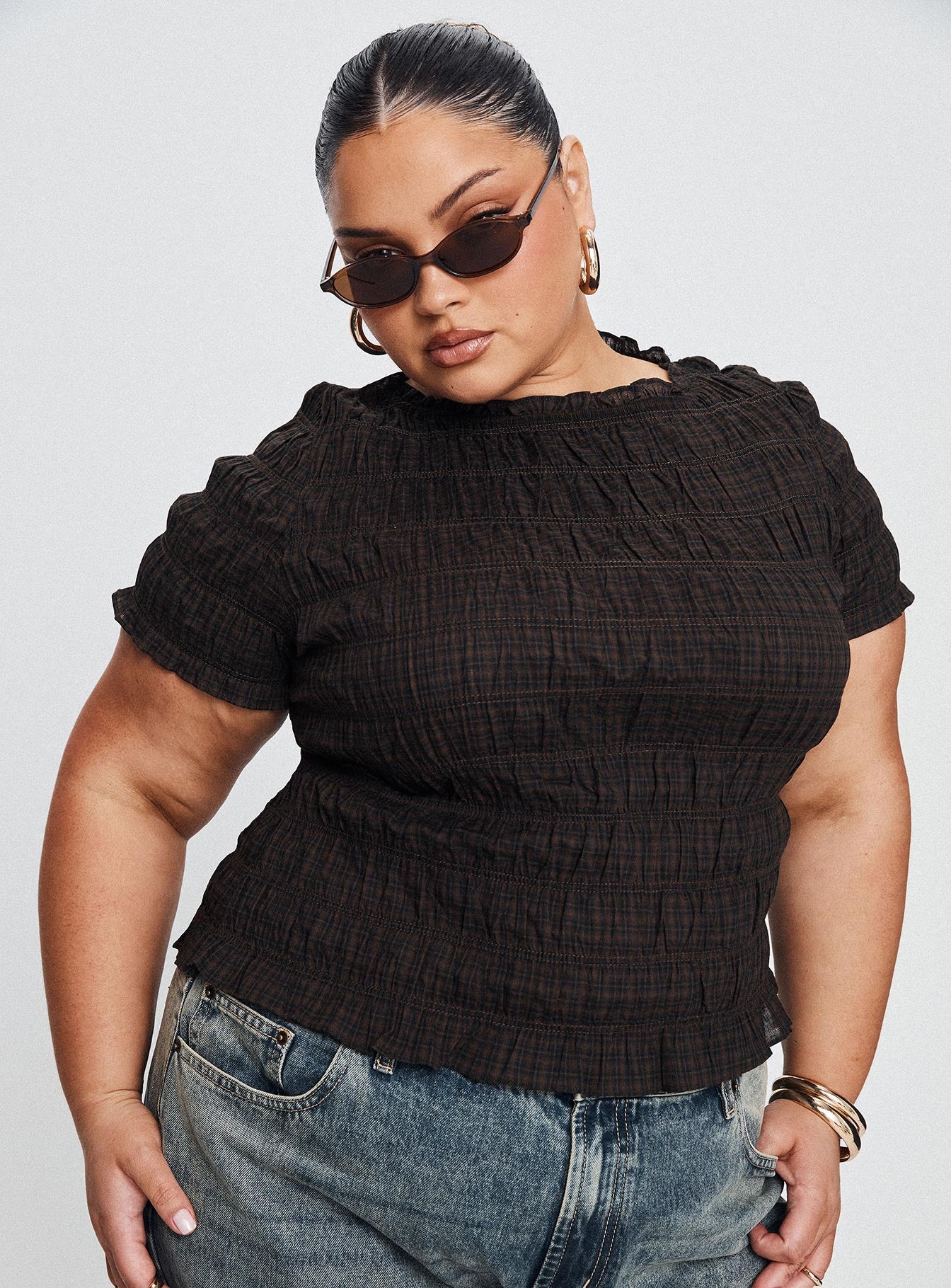 Romelle Shirred Top Black Brown Plaid - Image 12