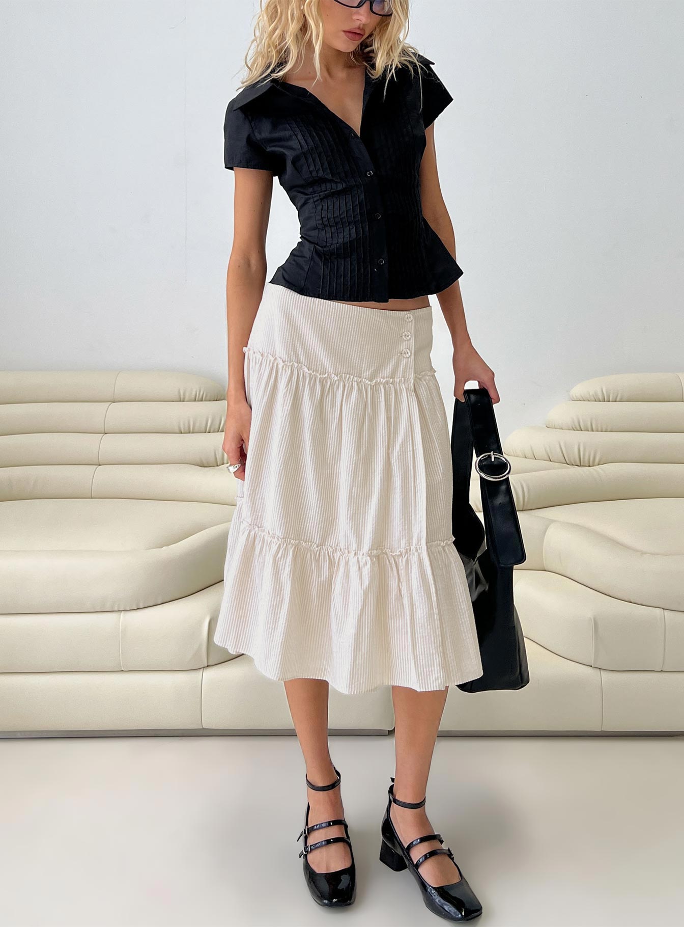 Cascades Low Rise Midi Skirt Beige White Stripe - Image 8