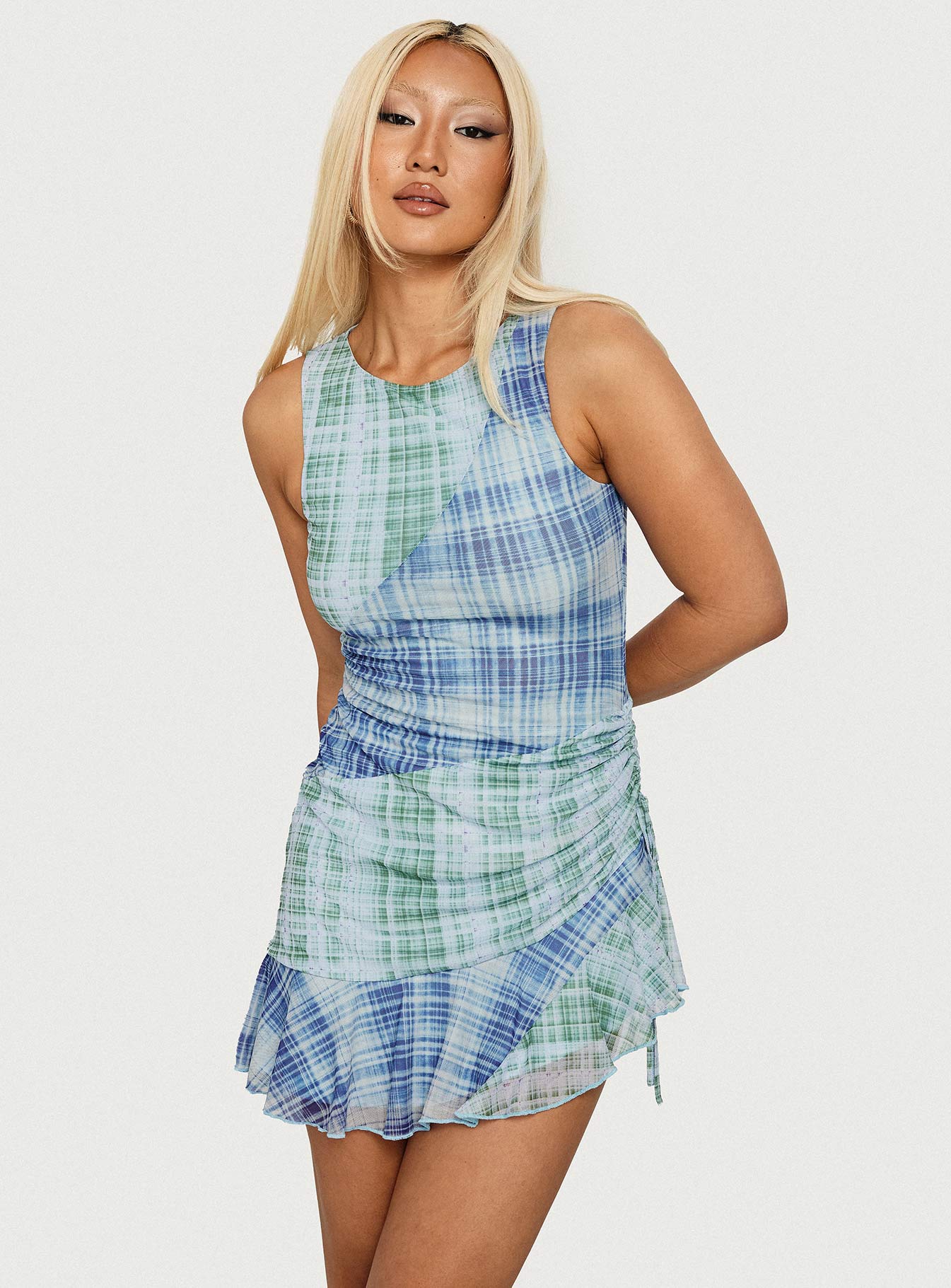 Timelapse Asymmetrical Splice Mini Dress Blue Green Plaid - Image 8