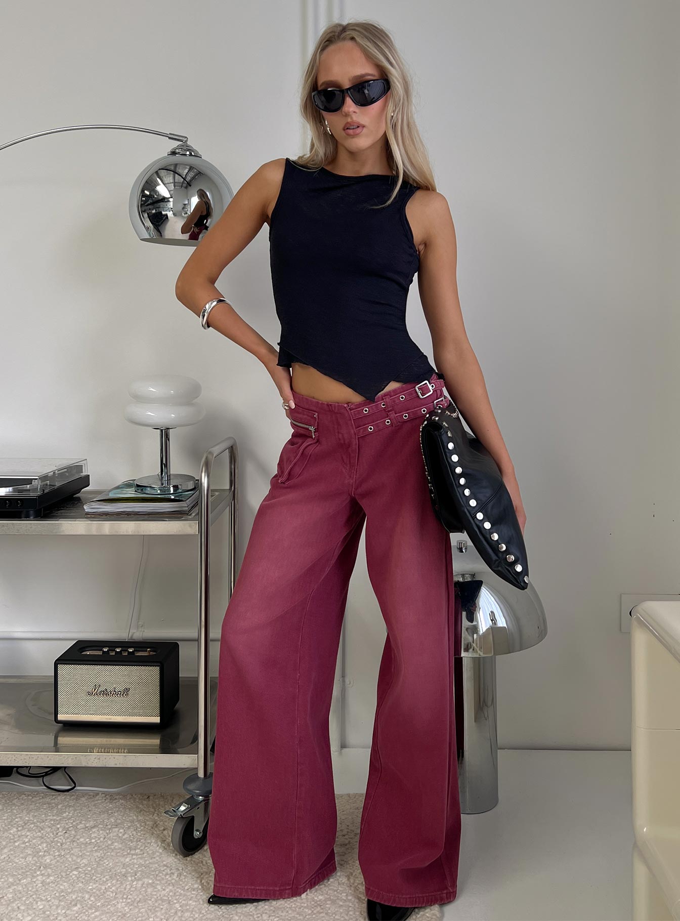 Paltrow Mid Rise Wide Leg Cargo Jeans Washed Burgundy - Image 8