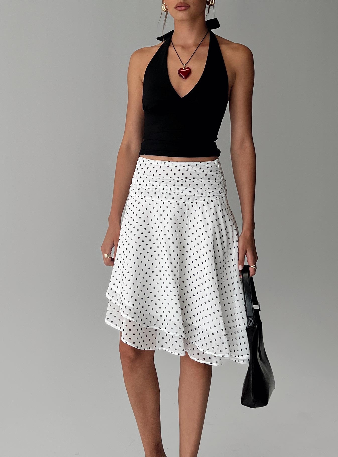 Evanescence Asymmetrical Midi Skirt White Polka Dot - Image 9