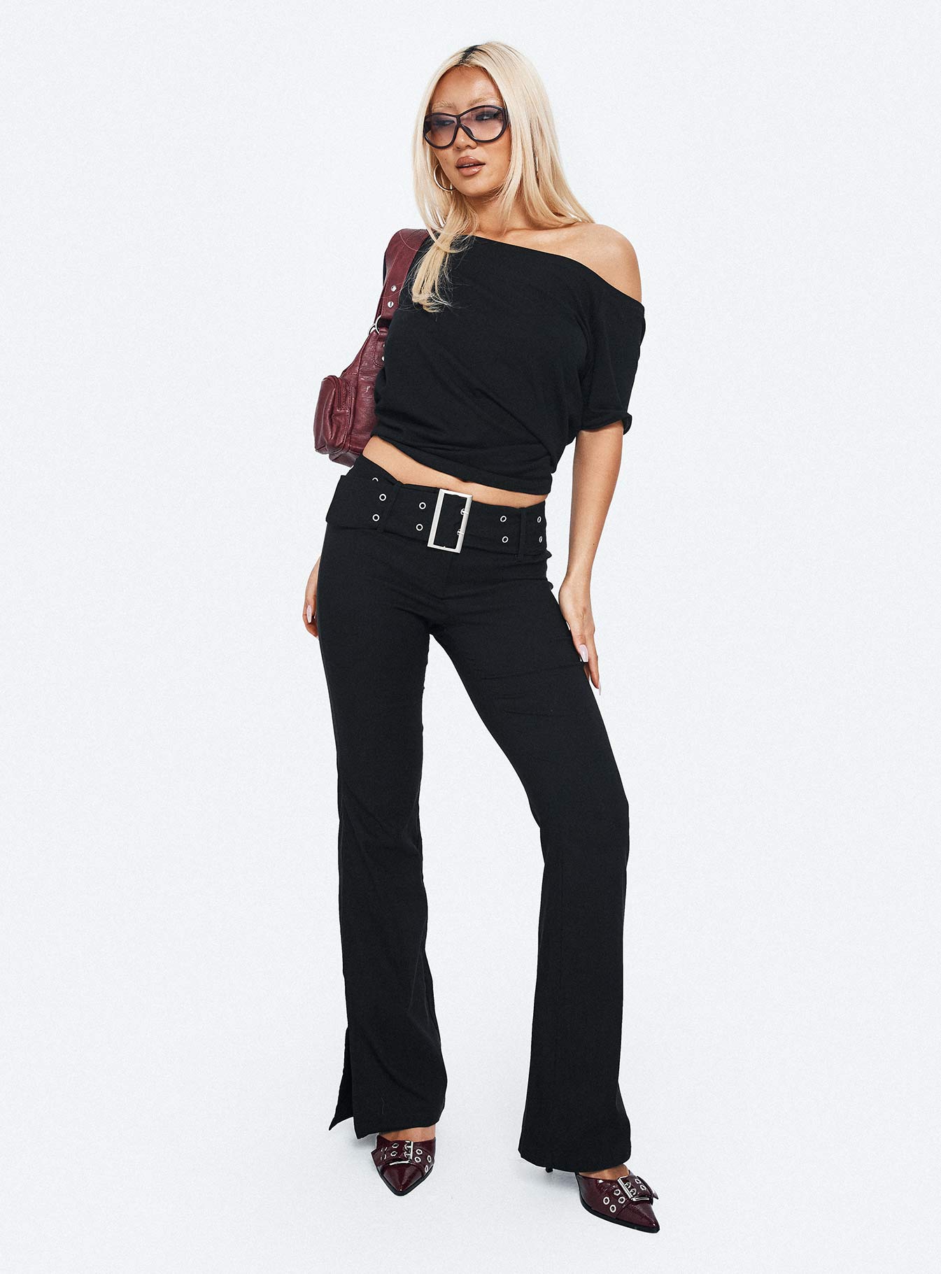 Kortnee Eyelet Detail Flare Leg Pants Black - Image 8
