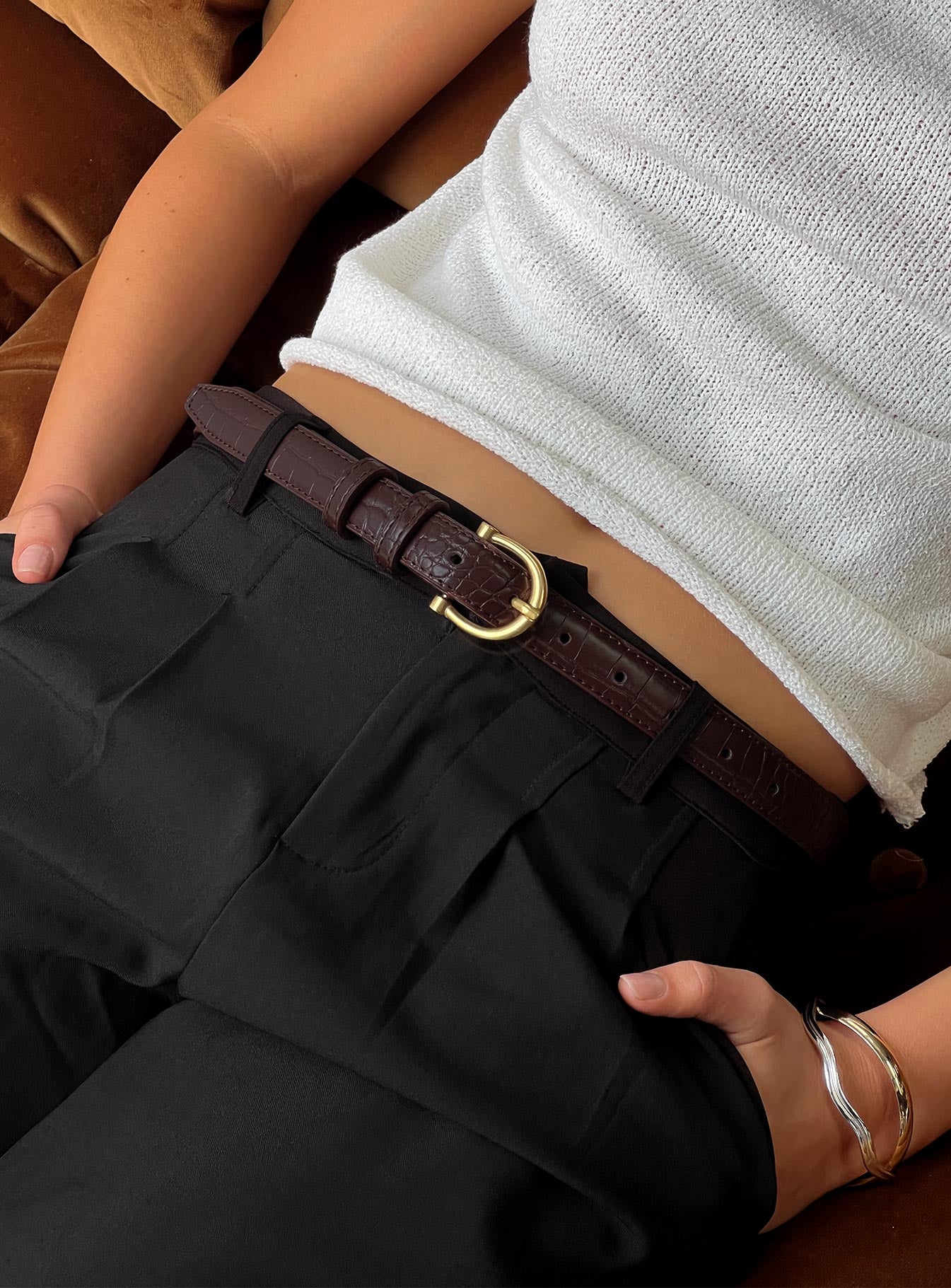 Top Tier Textured Belt Chocolate  Gold